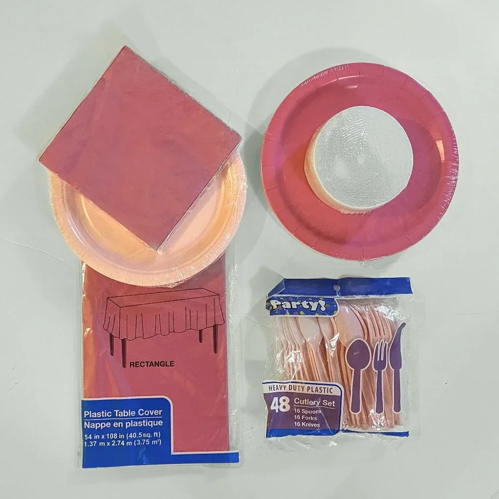 Pink Party Bundle, 2 set 24 plate, 48 pc Cutlery, 1 pk Napkin, 1 Tablecloth